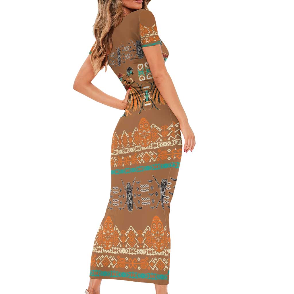 Terracotta Batik Papua-inspired Pattern Short Sleeve Bodycon Dress - Polynesian Pride