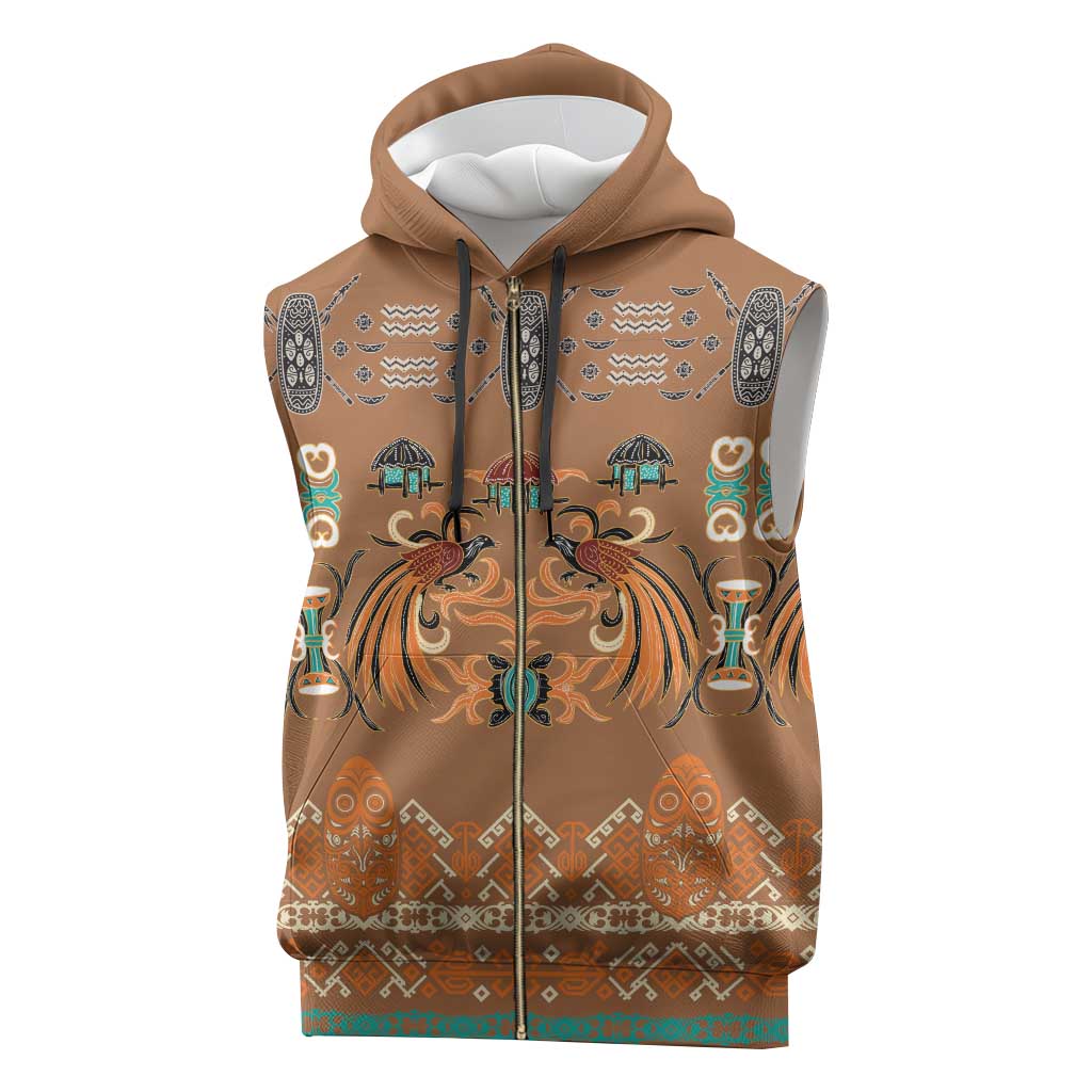 Terracotta Batik Papua-inspired Pattern Sleeveless Zip Hoodie - Polynesian Pride