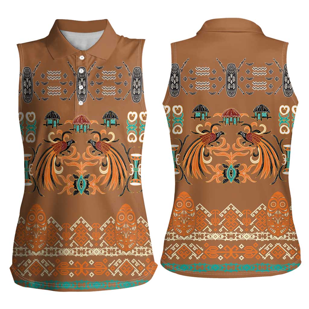 Terracotta Batik Papua-inspired Pattern Women Sleeveless Polo Shirt - Polynesian Pride