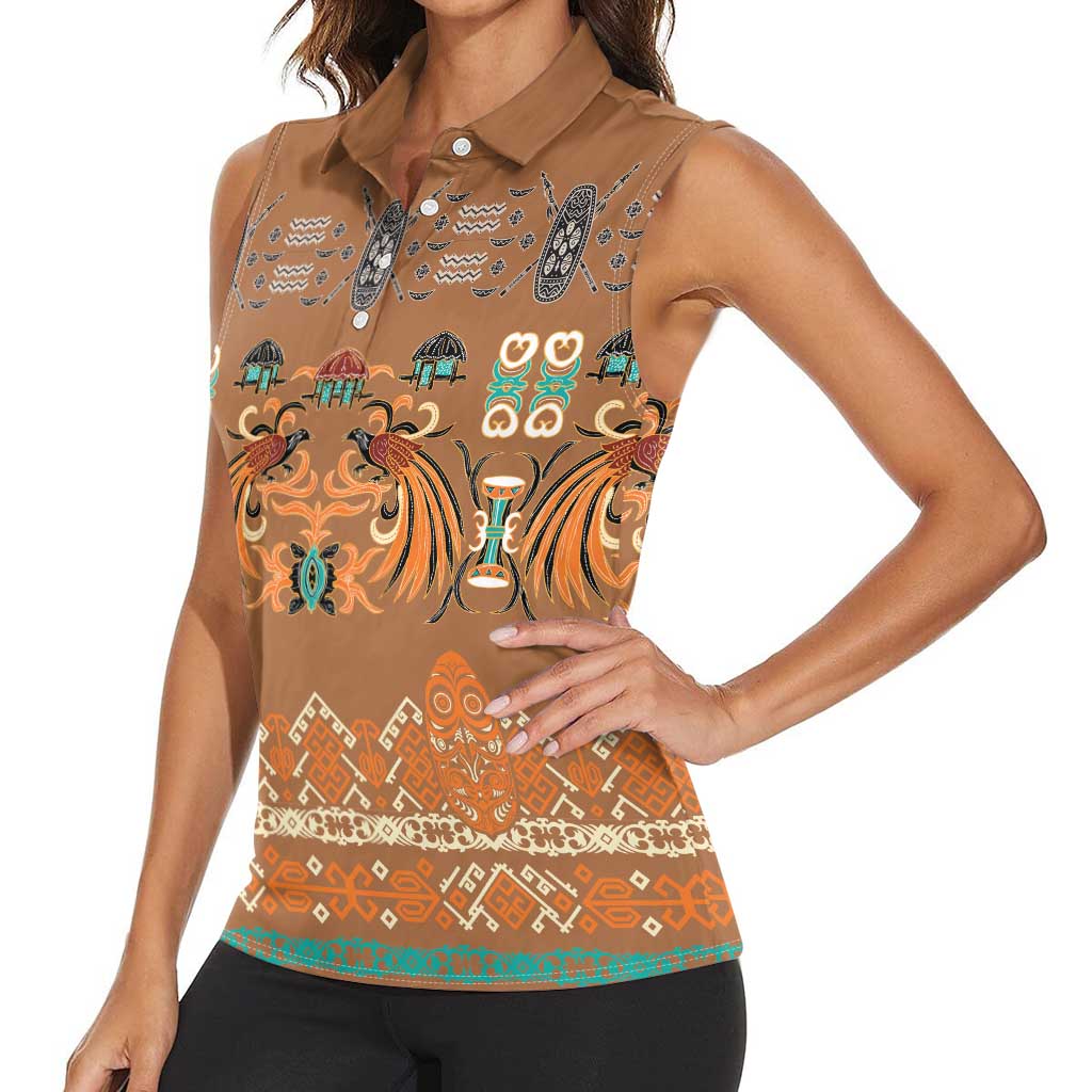 Terracotta Batik Papua-inspired Pattern Women Sleeveless Polo Shirt - Polynesian Pride