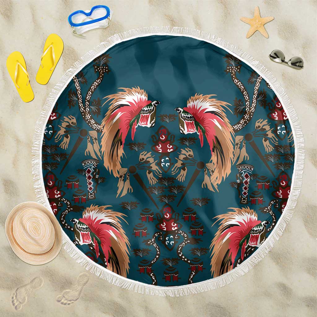 Dark Cyan Blue Bird of Batik Papua Beach Blanket Exotic Natural Wealth of Papua LT9 One Size 150cm Blue - Polynesian Pride
