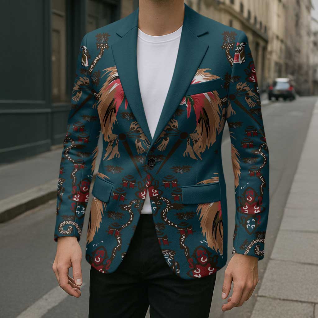 Dark Cyan Blue Bird of Batik Papua Blazer Exotic Natural Wealth of Papua - Polynesian Pride