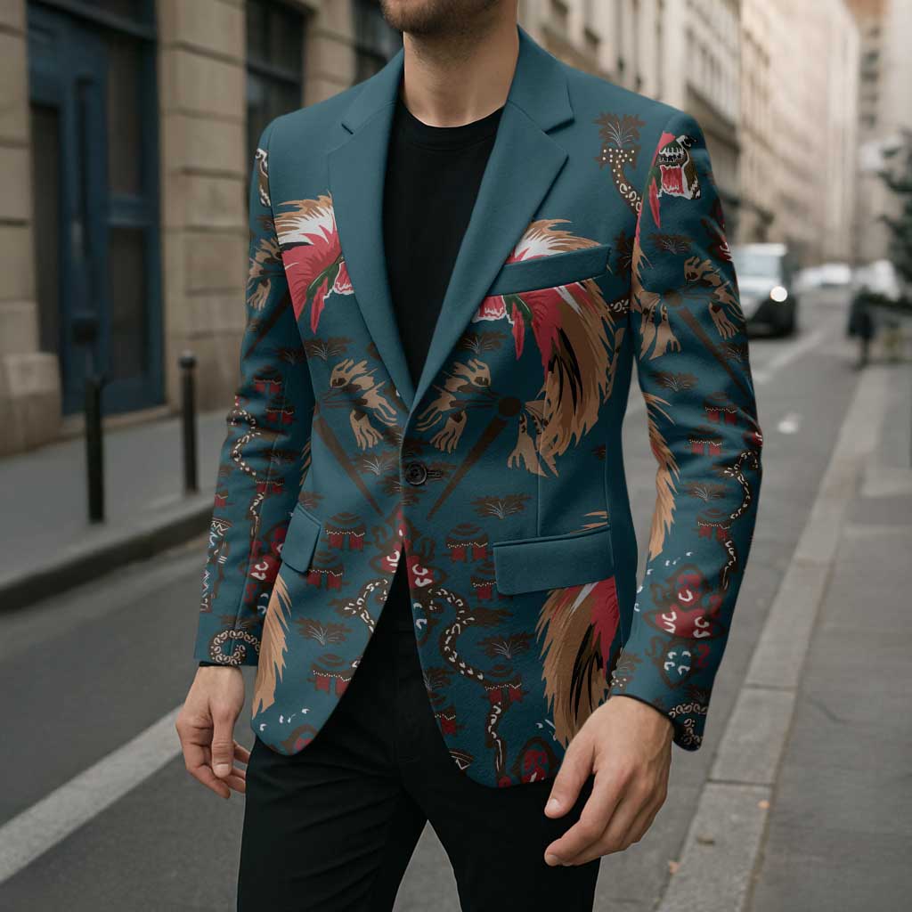 Dark Cyan Blue Bird of Batik Papua Blazer Exotic Natural Wealth of Papua - Polynesian Pride