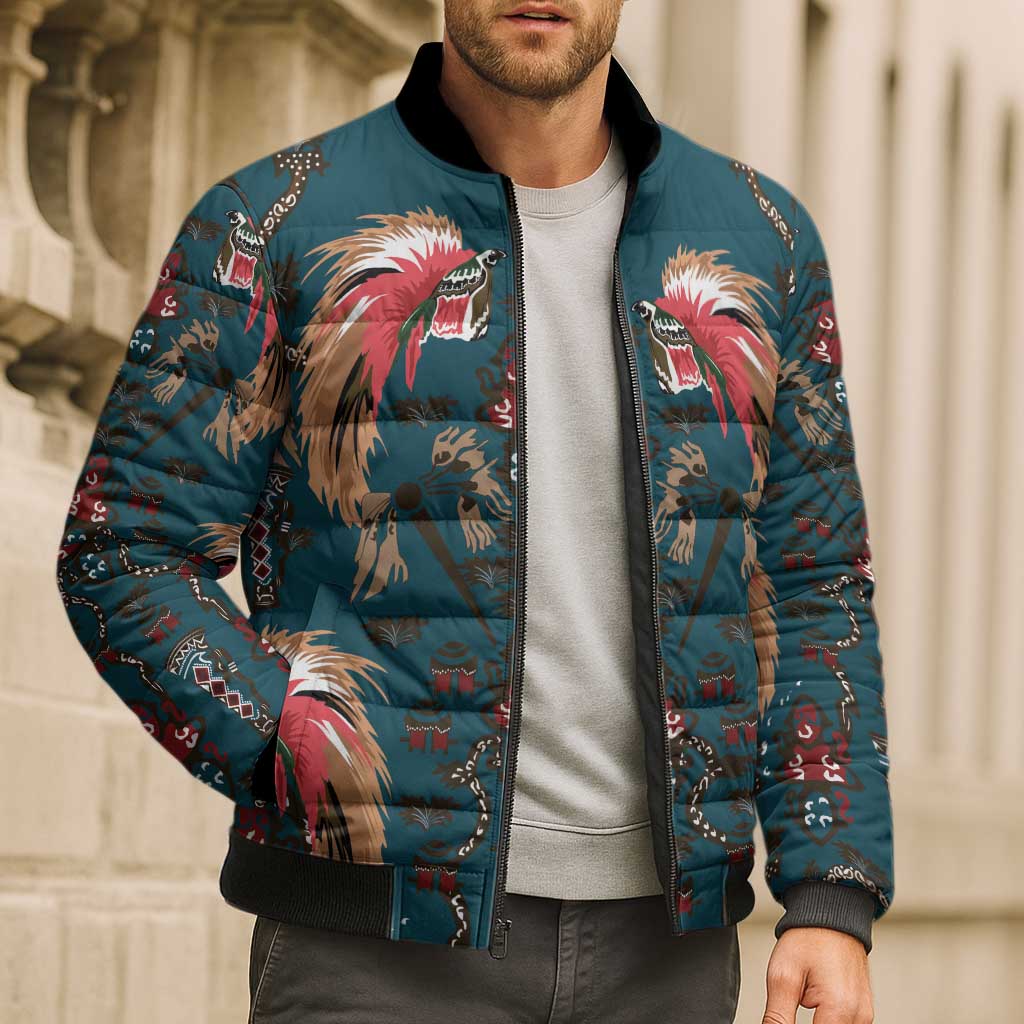 Dark Cyan Blue Bird of Batik Papua Bomber Puffer Jacket Exotic Natural Wealth of Papua - Polynesian Pride