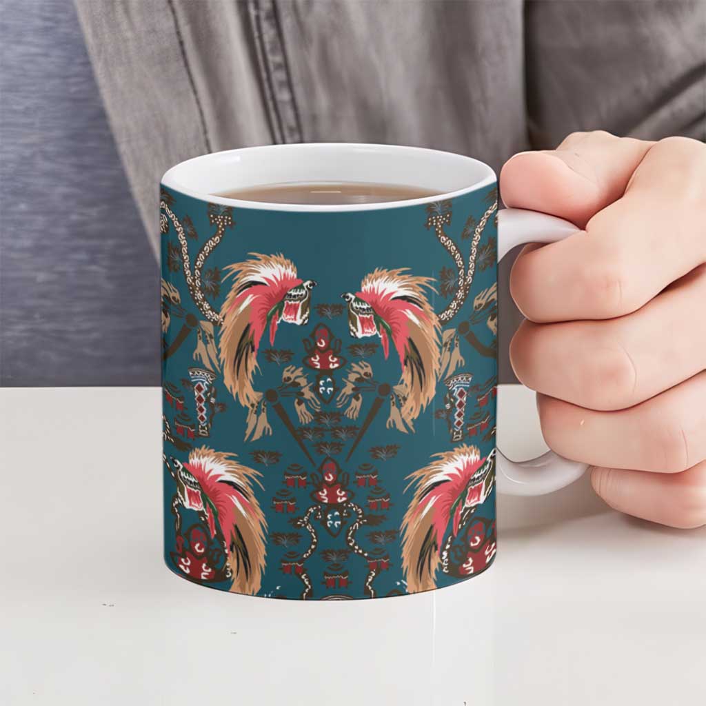 Dark Cyan Blue Bird of Batik Papua Ceramic Mug Exotic Natural Wealth of Papua - Polynesian Pride