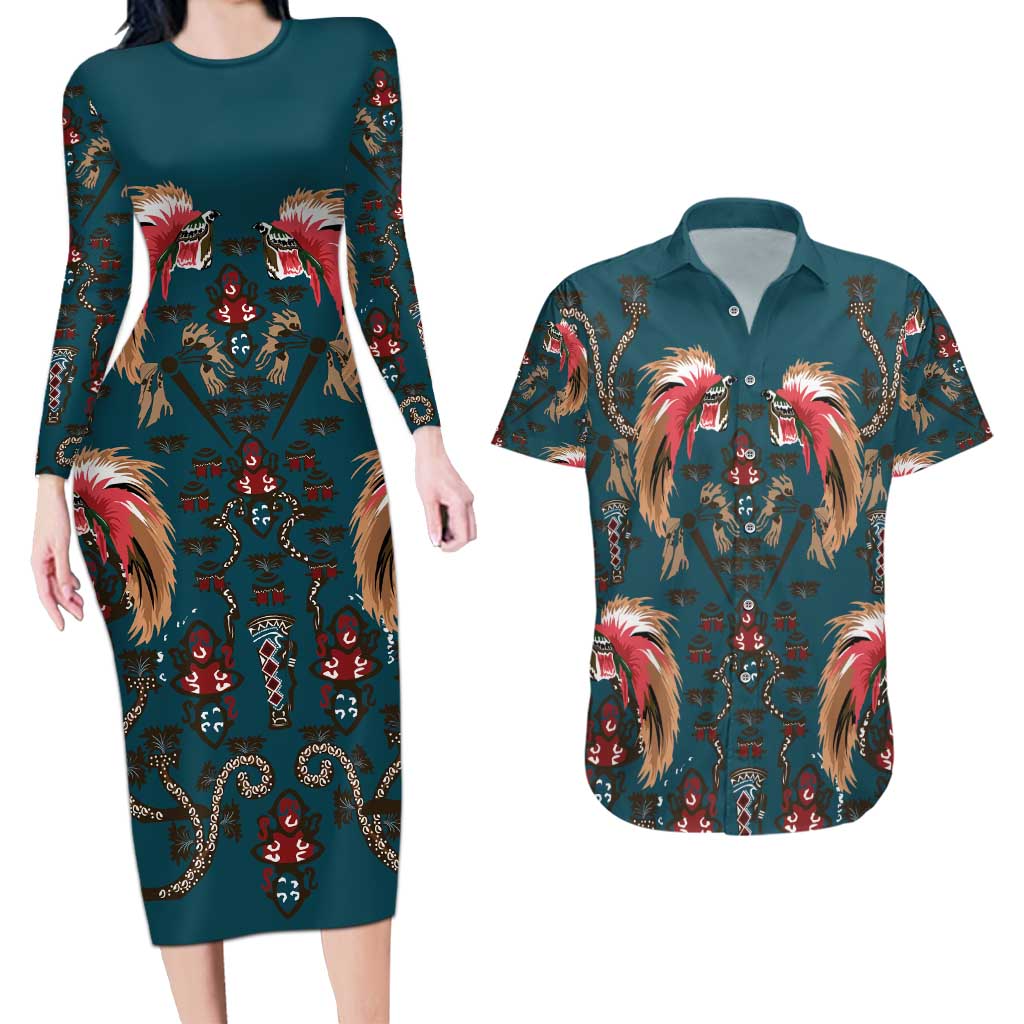 Dark Cyan Blue Bird of Batik Papua Couples Matching Long Sleeve Bodycon Dress and Hawaiian Shirt Exotic Natural Wealth of Papua LT9 Blue - Polynesian Pride