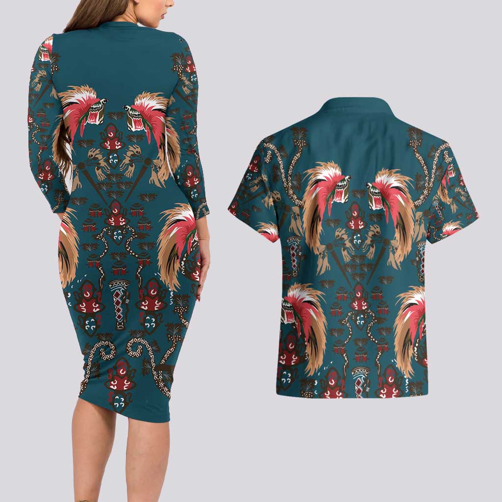 Dark Cyan Blue Bird of Batik Papua Couples Matching Long Sleeve Bodycon Dress and Hawaiian Shirt Exotic Natural Wealth of Papua LT9 - Polynesian Pride