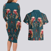 Dark Cyan Blue Bird of Batik Papua Couples Matching Long Sleeve Bodycon Dress and Hawaiian Shirt Exotic Natural Wealth of Papua LT9 - Polynesian Pride