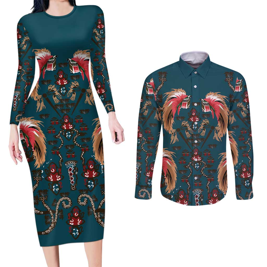 Dark Cyan Blue Bird of Batik Papua Couples Matching Long Sleeve Bodycon Dress and Long Sleeve Button Shirt Exotic Natural Wealth of Papua LT9 Blue - Polynesian Pride