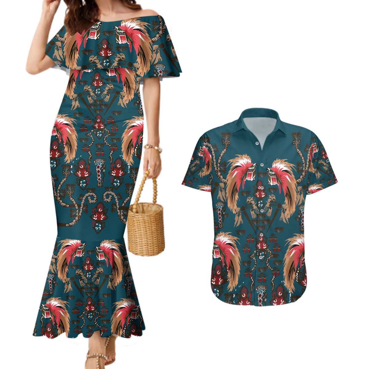 Dark Cyan Blue Bird of Batik Papua Couples Matching Mermaid Dress and Hawaiian Shirt Exotic Natural Wealth of Papua LT9 Blue - Polynesian Pride