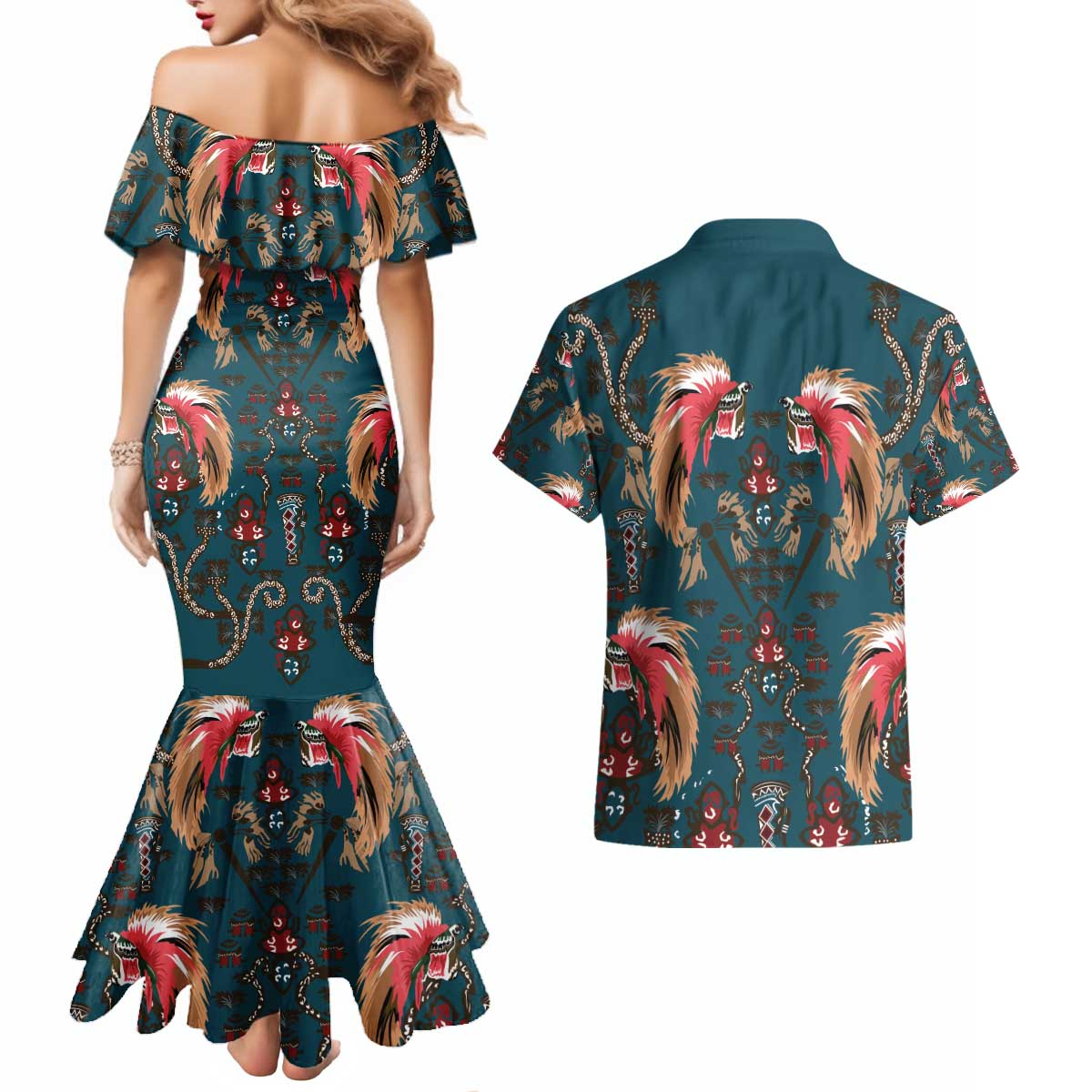 Dark Cyan Blue Bird of Batik Papua Couples Matching Mermaid Dress and Hawaiian Shirt Exotic Natural Wealth of Papua LT9 - Polynesian Pride