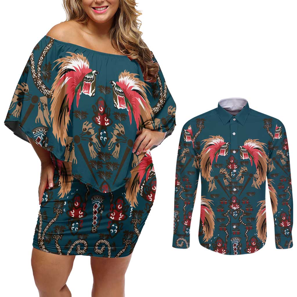 Dark Cyan Blue Bird of Batik Papua Couples Matching Off Shoulder Short Dress and Long Sleeve Button Shirt Exotic Natural Wealth of Papua LT9 Blue - Polynesian Pride