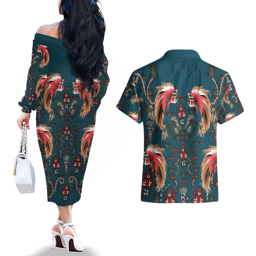 Dark Cyan Blue Bird of Batik Papua Couples Matching Off The Shoulder Long Sleeve Dress and Hawaiian Shirt Exotic Natural Wealth of Papua LT9 - Polynesian Pride