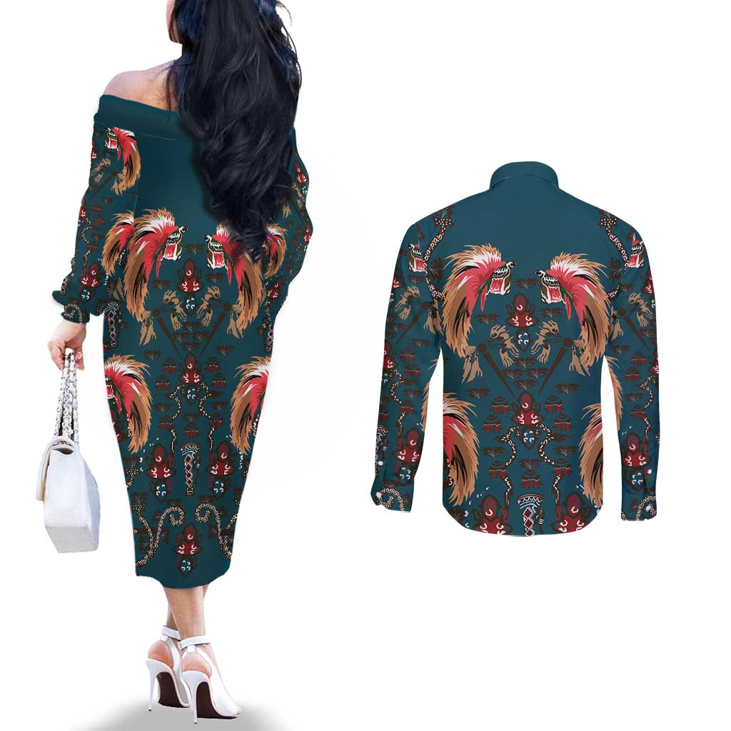 Dark Cyan Blue Bird of Batik Papua Couples Matching Off The Shoulder Long Sleeve Dress and Long Sleeve Button Shirt Exotic Natural Wealth of Papua LT9 - Polynesian Pride