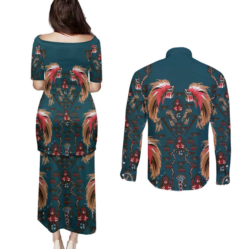 Dark Cyan Blue Bird of Batik Papua Couples Matching Puletasi and Long Sleeve Button Shirt Exotic Natural Wealth of Papua LT9 - Polynesian Pride