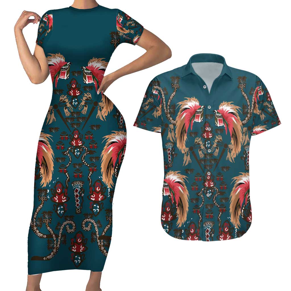 Dark Cyan Blue Bird of Batik Papua Couples Matching Short Sleeve Bodycon Dress and Hawaiian Shirt Exotic Natural Wealth of Papua LT9 Blue - Polynesian Pride