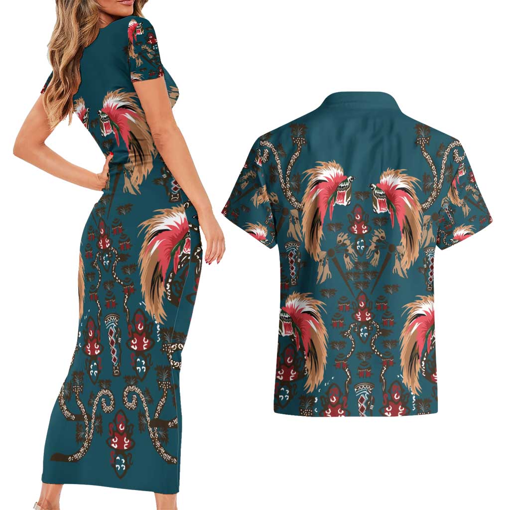 Dark Cyan Blue Bird of Batik Papua Couples Matching Short Sleeve Bodycon Dress and Hawaiian Shirt Exotic Natural Wealth of Papua LT9 - Polynesian Pride