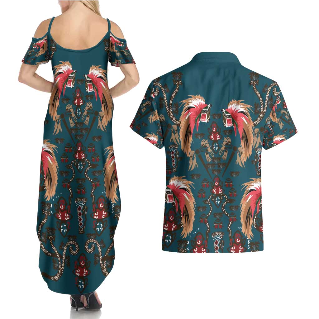 Dark Cyan Blue Bird of Batik Papua Couples Matching Summer Maxi Dress and Hawaiian Shirt Exotic Natural Wealth of Papua LT9 - Polynesian Pride