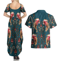 Dark Cyan Blue Bird of Batik Papua Couples Matching Summer Maxi Dress and Hawaiian Shirt Exotic Natural Wealth of Papua LT9 - Polynesian Pride
