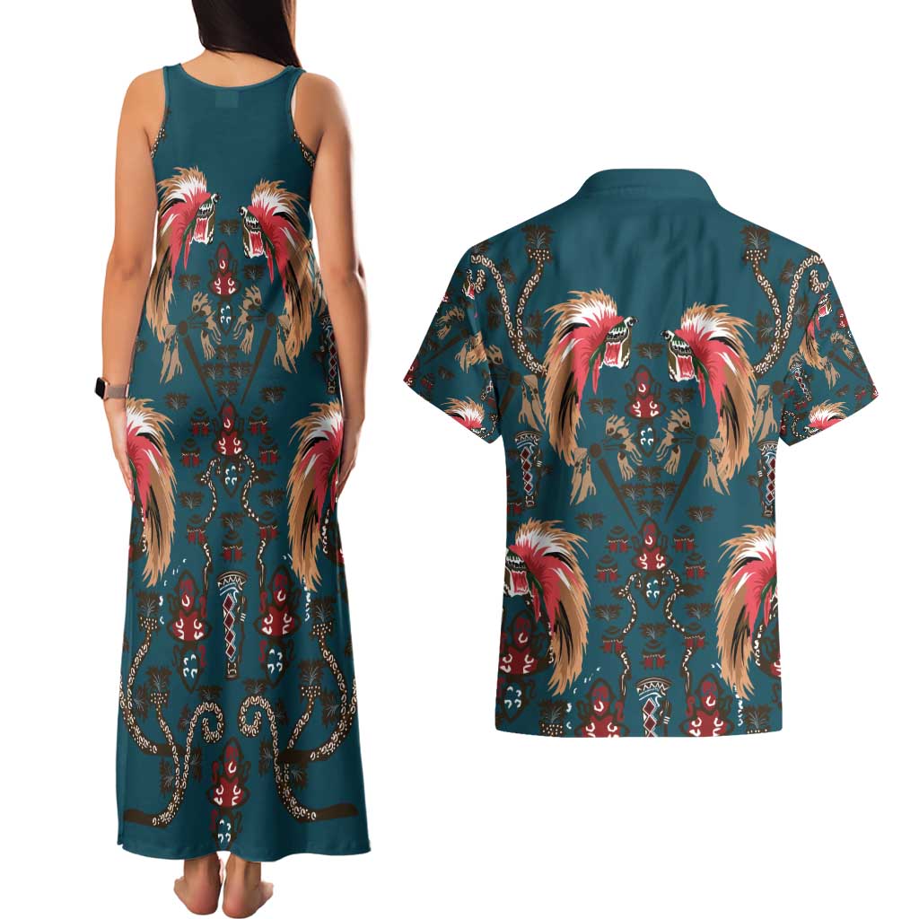Dark Cyan Blue Bird of Batik Papua Couples Matching Tank Maxi Dress and Hawaiian Shirt Exotic Natural Wealth of Papua LT9 - Polynesian Pride