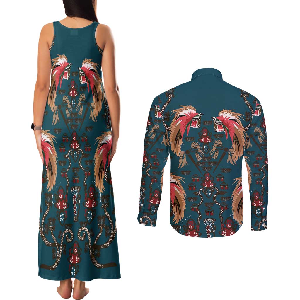 Dark Cyan Blue Bird of Batik Papua Couples Matching Tank Maxi Dress and Long Sleeve Button Shirt Exotic Natural Wealth of Papua LT9 - Polynesian Pride