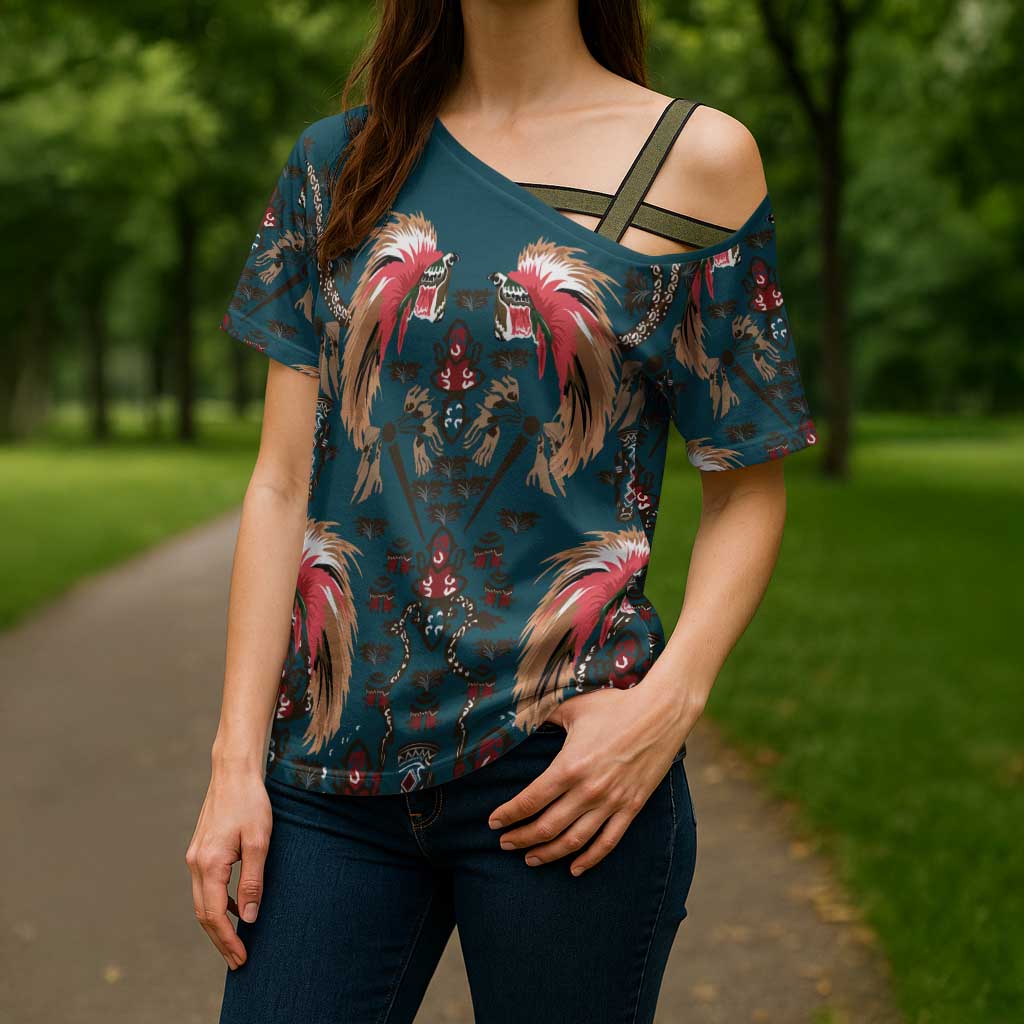 Dark Cyan Blue Bird of Batik Papua Cross Shoulder Shirt Exotic Natural Wealth of Papua LT9 - Polynesian Pride