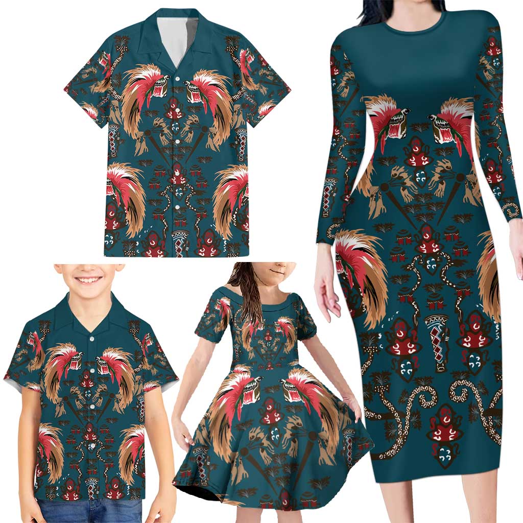 Dark Cyan Blue Bird of Batik Papua Family Matching Long Sleeve Bodycon Dress and Hawaiian Shirt Exotic Natural Wealth of Papua LT9 - Polynesian Pride