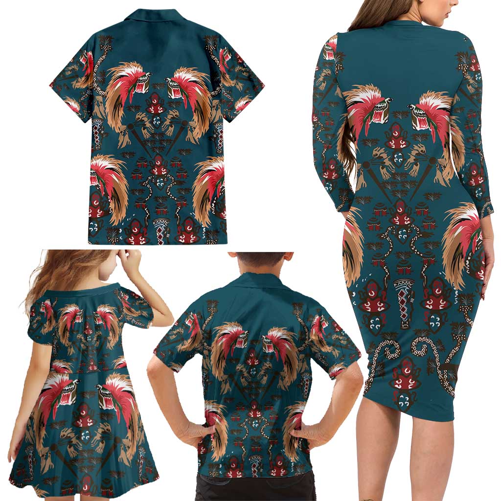 Dark Cyan Blue Bird of Batik Papua Family Matching Long Sleeve Bodycon Dress and Hawaiian Shirt Exotic Natural Wealth of Papua LT9 - Polynesian Pride