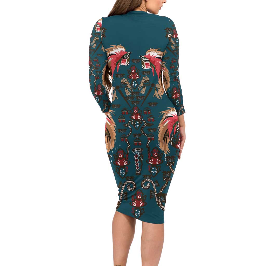 Dark Cyan Blue Bird of Batik Papua Family Matching Long Sleeve Bodycon Dress and Hawaiian Shirt Exotic Natural Wealth of Papua LT9 - Polynesian Pride