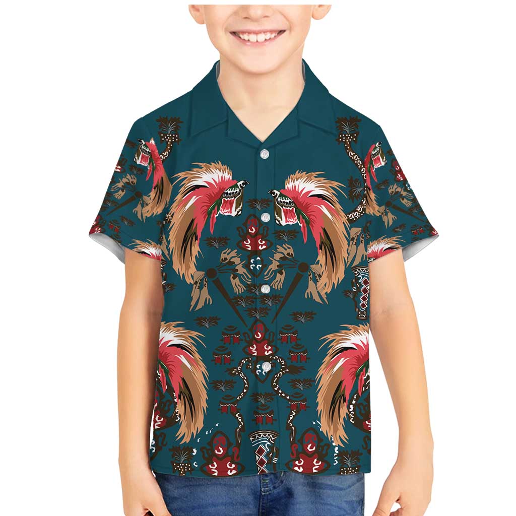 Dark Cyan Blue Bird of Batik Papua Family Matching Mermaid Dress and Hawaiian Shirt Exotic Natural Wealth of Papua LT9 Son's Shirt Blue - Polynesian Pride