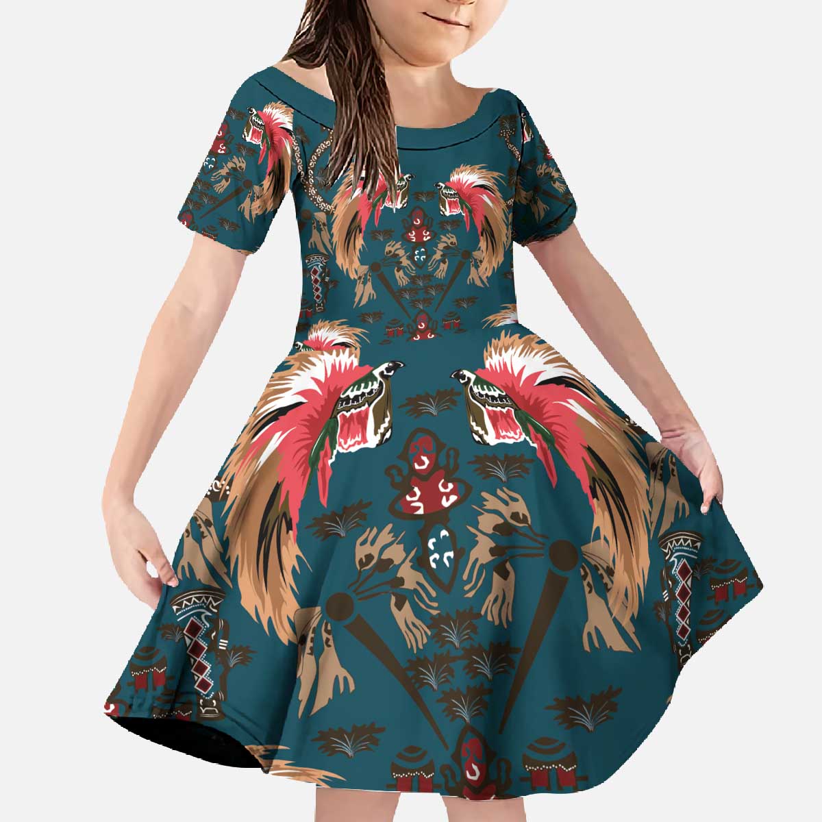 Dark Cyan Blue Bird of Batik Papua Family Matching Off The Shoulder Long Sleeve Dress and Hawaiian Shirt Exotic Natural Wealth of Papua LT9 Daughter's Dress Blue - Polynesian Pride