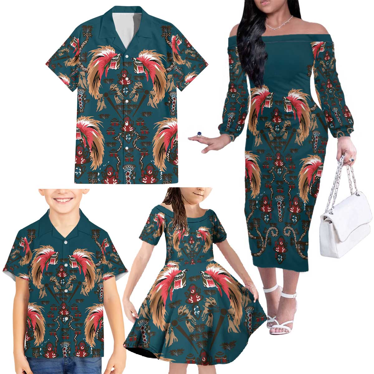 Dark Cyan Blue Bird of Batik Papua Family Matching Off The Shoulder Long Sleeve Dress and Hawaiian Shirt Exotic Natural Wealth of Papua LT9 - Polynesian Pride