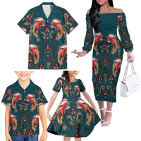 Dark Cyan Blue Bird of Batik Papua Family Matching Off The Shoulder Long Sleeve Dress and Hawaiian Shirt Exotic Natural Wealth of Papua LT9 - Polynesian Pride