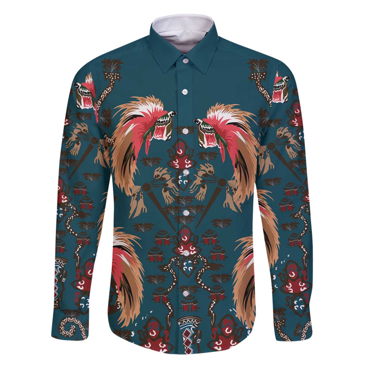 Dark Cyan Blue Bird of Batik Papua Family Matching Off The Shoulder Long Sleeve Dress and Hawaiian Shirt Exotic Natural Wealth of Papua LT9 Dad's Shirt - Long Sleeve Blue - Polynesian Pride