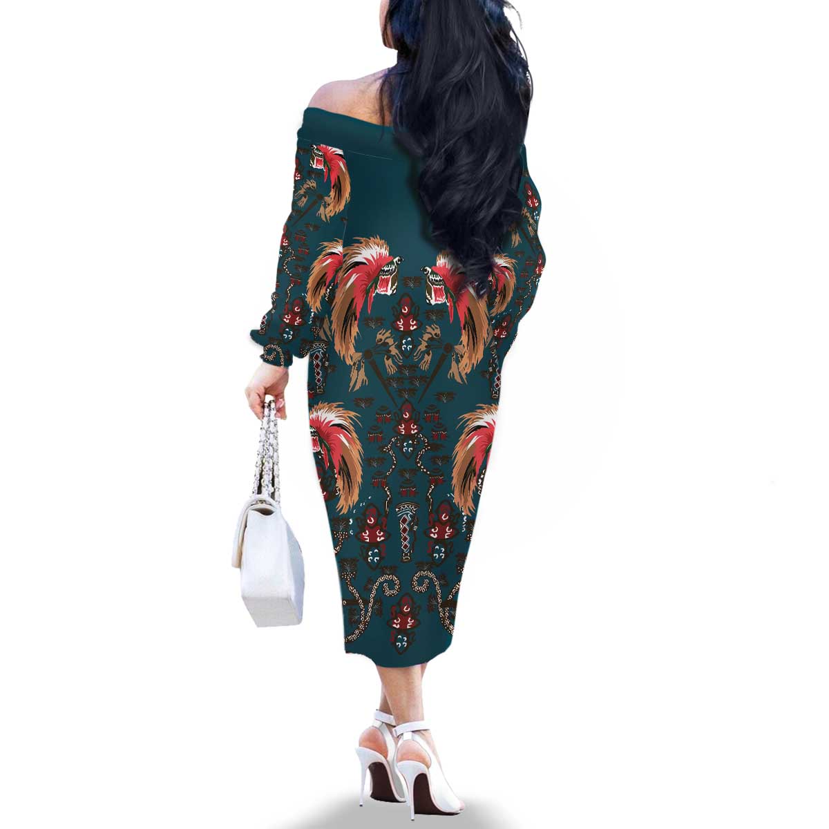 Dark Cyan Blue Bird of Batik Papua Family Matching Off The Shoulder Long Sleeve Dress and Hawaiian Shirt Exotic Natural Wealth of Papua LT9 - Polynesian Pride