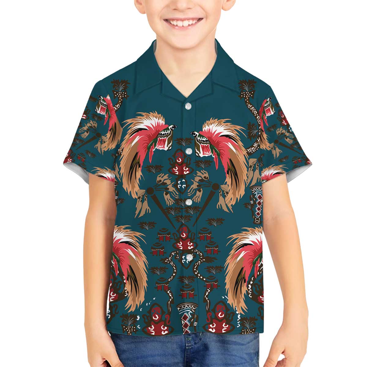 Dark Cyan Blue Bird of Batik Papua Family Matching Off The Shoulder Long Sleeve Dress and Hawaiian Shirt Exotic Natural Wealth of Papua LT9 Son's Shirt Blue - Polynesian Pride