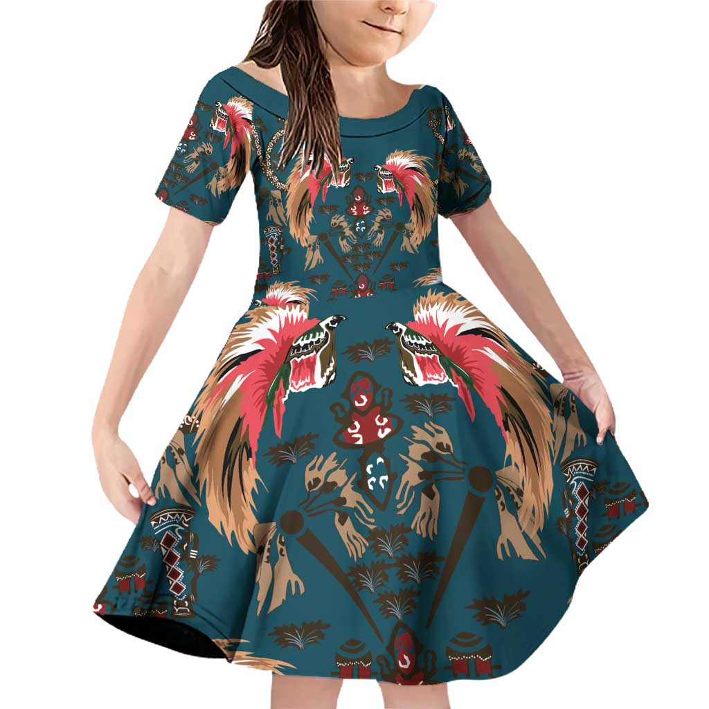 Dark Cyan Blue Bird of Batik Papua Family Matching Off Shoulder Short Dress and Hawaiian Shirt Exotic Natural Wealth of Papua LT9 Daughter's Dress Blue - Polynesian Pride