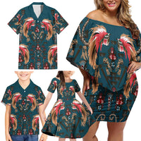 Dark Cyan Blue Bird of Batik Papua Family Matching Off Shoulder Short Dress and Hawaiian Shirt Exotic Natural Wealth of Papua LT9 - Polynesian Pride