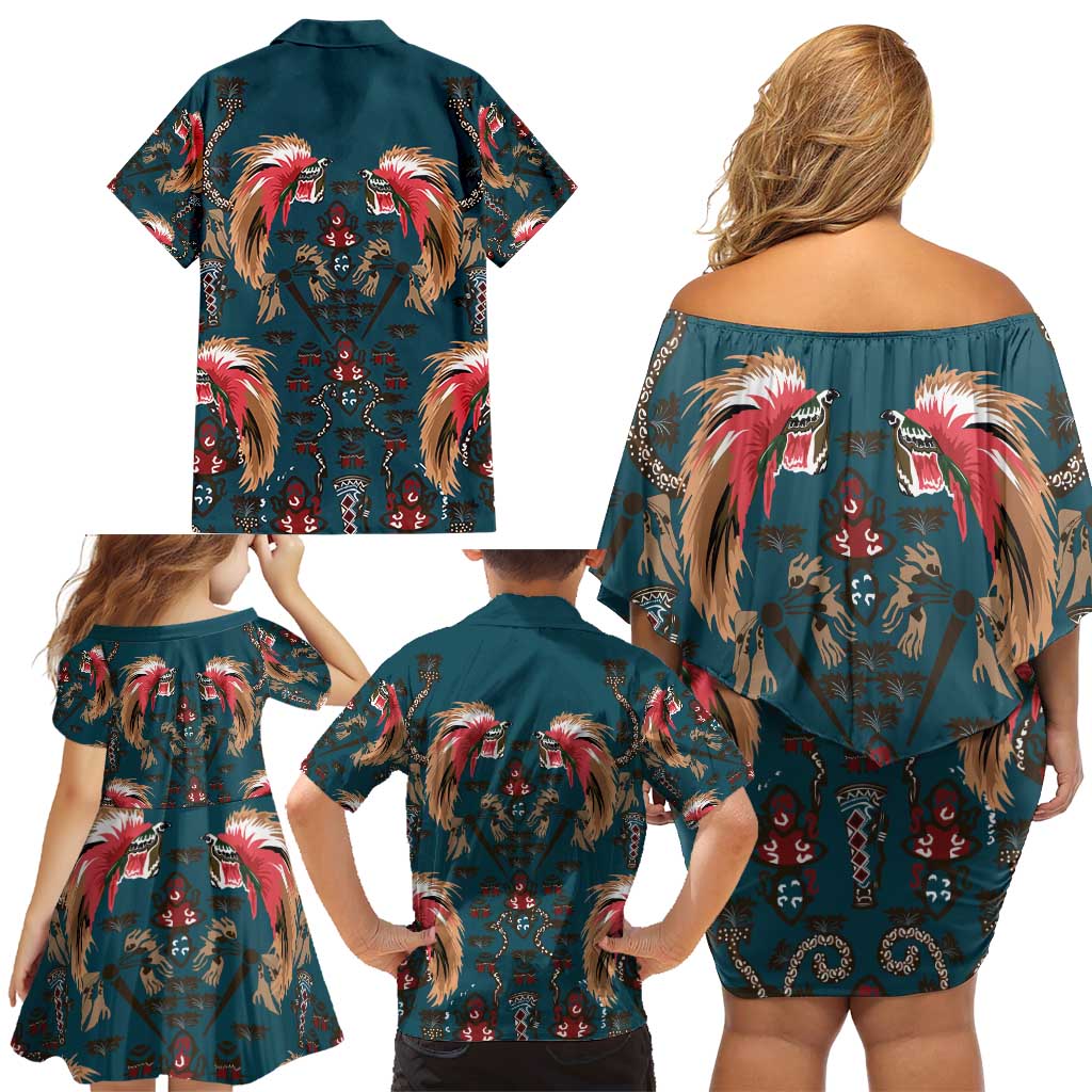 Dark Cyan Blue Bird of Batik Papua Family Matching Off Shoulder Short Dress and Hawaiian Shirt Exotic Natural Wealth of Papua LT9 - Polynesian Pride