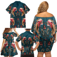 Dark Cyan Blue Bird of Batik Papua Family Matching Off Shoulder Short Dress and Hawaiian Shirt Exotic Natural Wealth of Papua LT9 - Polynesian Pride
