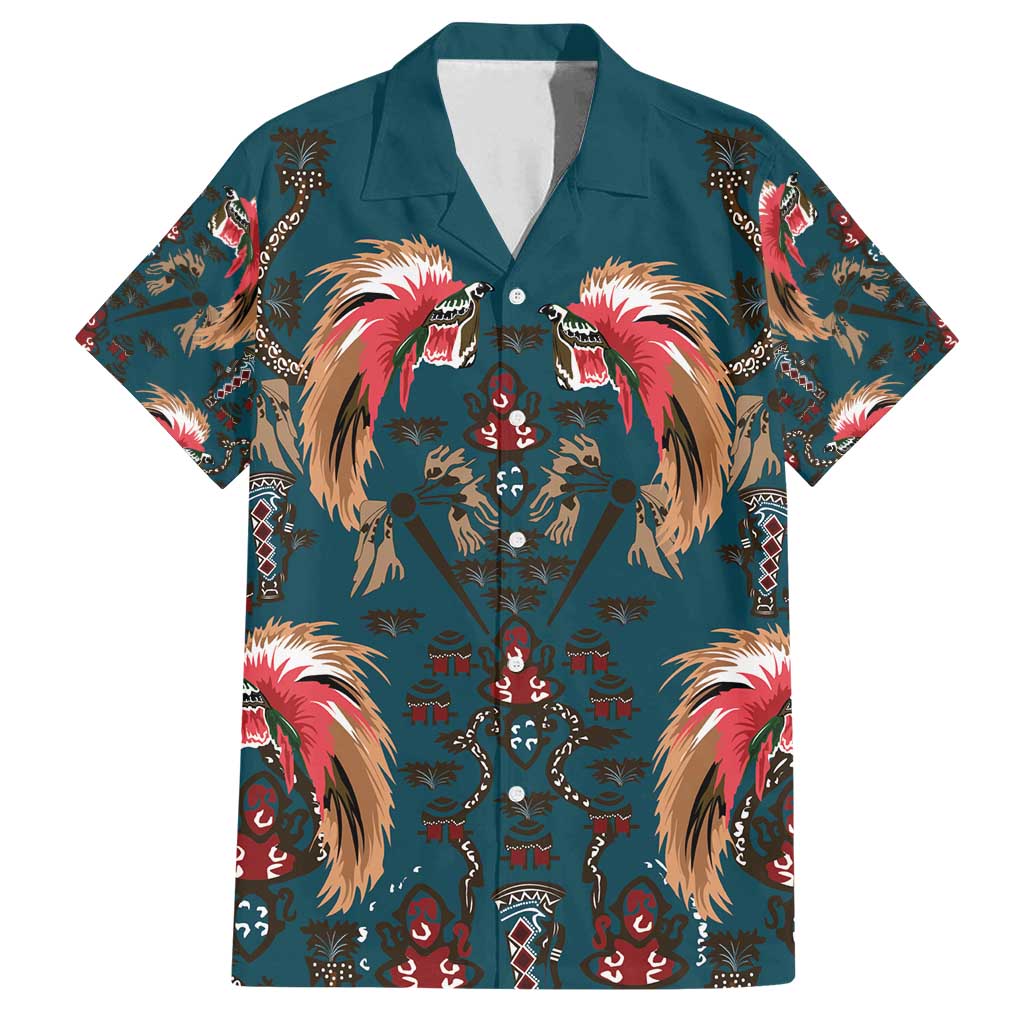 Dark Cyan Blue Bird of Batik Papua Family Matching Off Shoulder Short Dress and Hawaiian Shirt Exotic Natural Wealth of Papua LT9 Dad's Shirt - Short Sleeve Blue - Polynesian Pride