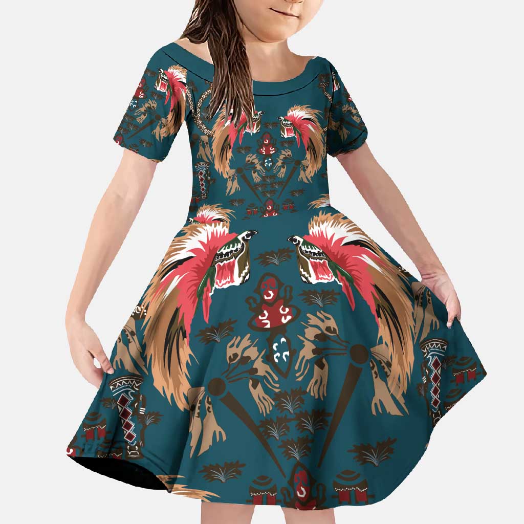 Dark Cyan Blue Bird of Batik Papua Family Matching Short Sleeve Bodycon Dress and Hawaiian Shirt Exotic Natural Wealth of Papua LT9 Daughter's Dress Blue - Polynesian Pride