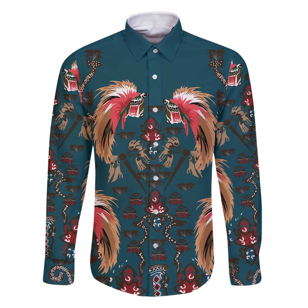 Dark Cyan Blue Bird of Batik Papua Family Matching Summer Maxi Dress and Hawaiian Shirt Exotic Natural Wealth of Papua LT9 Dad's Shirt - Long Sleeve Blue - Polynesian Pride