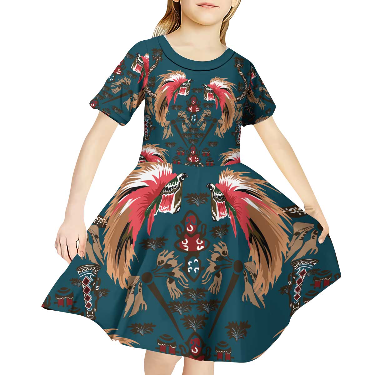 Dark Cyan Blue Bird of Batik Papua Kid Short Sleeve Dress Exotic Natural Wealth of Papua LT9 - Polynesian Pride
