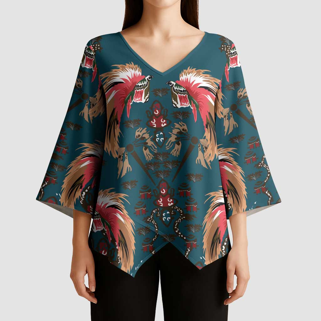 Dark Cyan Blue Bird of Batik Papua Kimono Sleeve Blouse Exotic Natural Wealth of Papua LT9 - Polynesian Pride