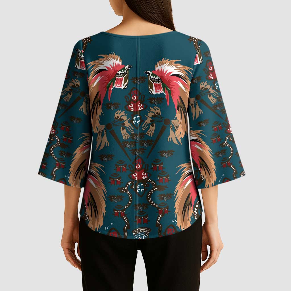 Dark Cyan Blue Bird of Batik Papua Kimono Sleeve Blouse Exotic Natural Wealth of Papua LT9 - Polynesian Pride