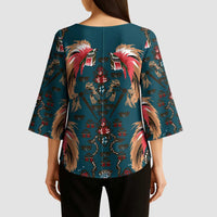Dark Cyan Blue Bird of Batik Papua Kimono Sleeve Blouse Exotic Natural Wealth of Papua LT9 - Polynesian Pride
