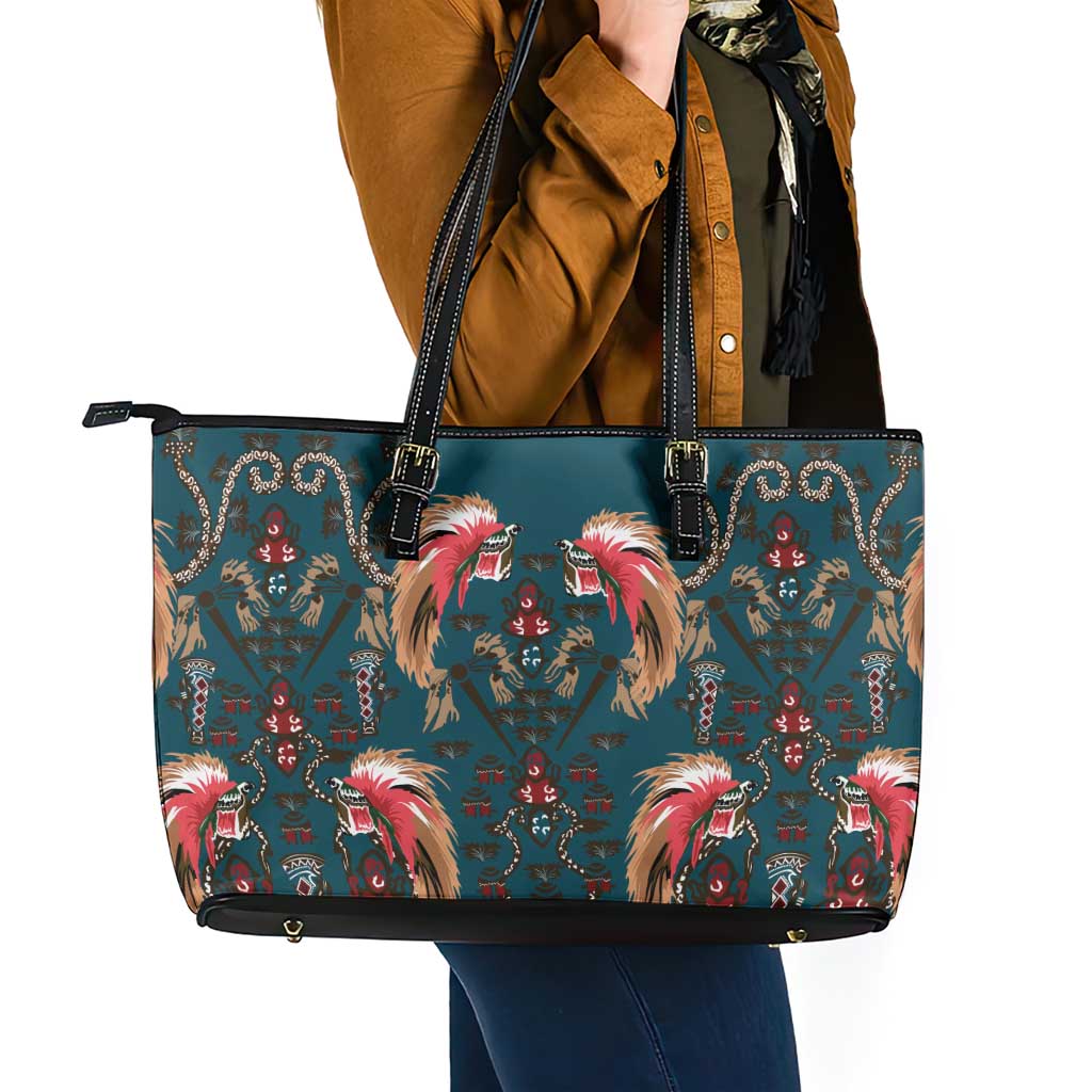 Dark Cyan Blue Bird of Batik Papua Leather Tote Bag Exotic Natural Wealth of Papua LT9 - Polynesian Pride