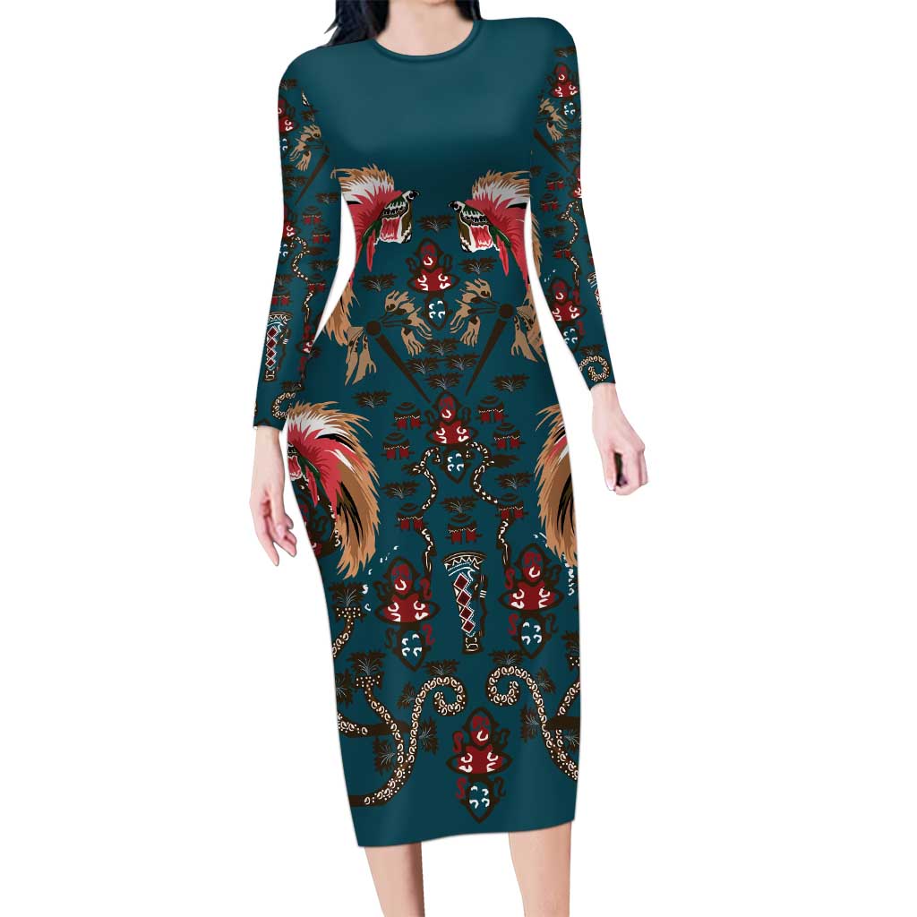 Dark Cyan Blue Bird of Batik Papua Long Sleeve Bodycon Dress Exotic Natural Wealth of Papua LT9 Long Dress Blue - Polynesian Pride