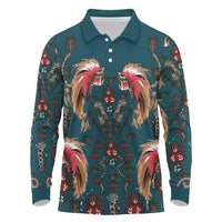 Dark Cyan Blue Bird of Batik Papua Long Sleeve Polo Shirt Exotic Natural Wealth of Papua LT9 Blue - Polynesian Pride
